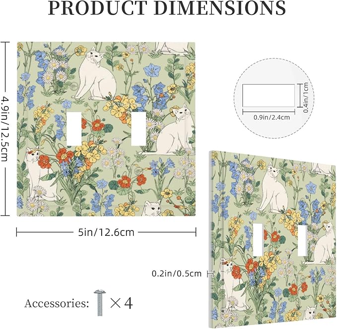 Decorative Switch Plates Vintage Floral Cute Cat Colorful Flowers 2 Gang Double Toggle Outlet Light Switch Cover Wall Plate Electrical Faceplate For Bed Room Living Room Decor