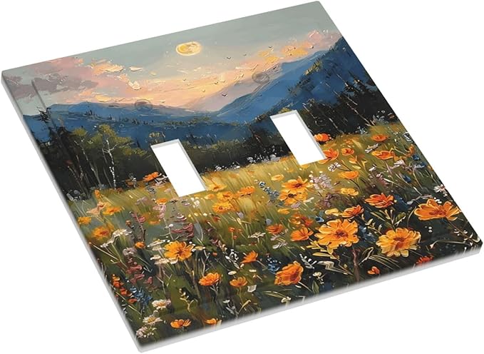Sunset Wild Flower Field Floral Nature Landscape Decorative Switch Plates 2 Gang Double Toggle Outlet Light Switch Cover Wall Plate Electrical Faceplate for Farmhouse Bedroom Decor