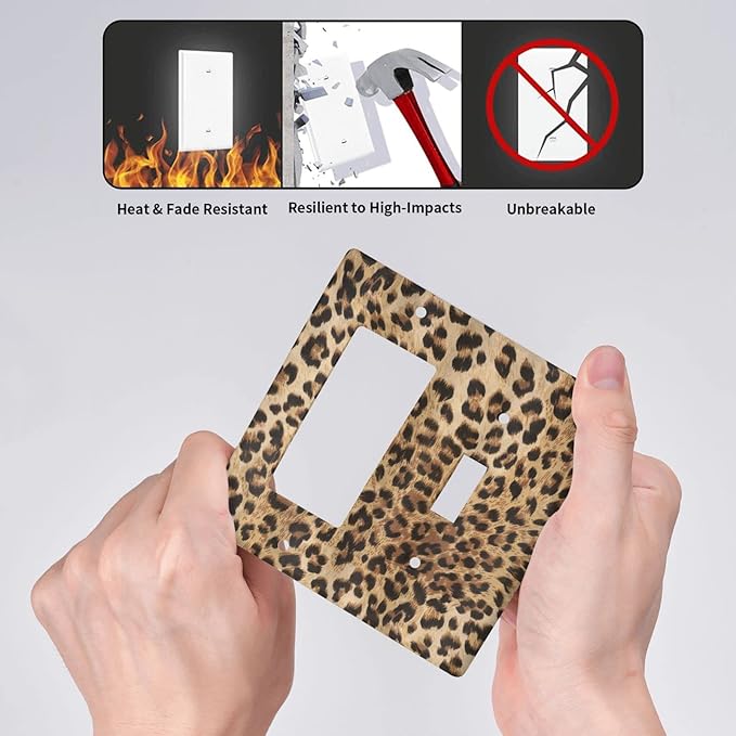 Classic Leopard 2 Gang Single Toggle/Rocker Combination Light Switch Cover Decorative Wall Plate Faceplate Boys Kids Teen Girl Bedroom Room Decorate 4.5" x 4.5