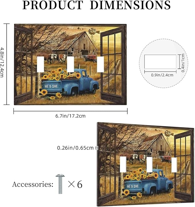 Fall Western Farmhouse Cow 3 Gang Light Switch Plate Decorative Barn door Blue Truck Triple Toggle Wall Plate Cover Electrical Faceplate for Bathroom Home Living Room Bedroom Art Panel Decor