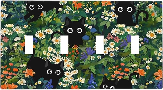 Cute Black/Green Cats Decorative 4-Gang Quad Toggle Light Switch Wall Plate Cover, Nursery Playroom Summer Floral Flower Jungle Quadruple Toggle Device Switches Wall Plate Outlet Covers Standard Size