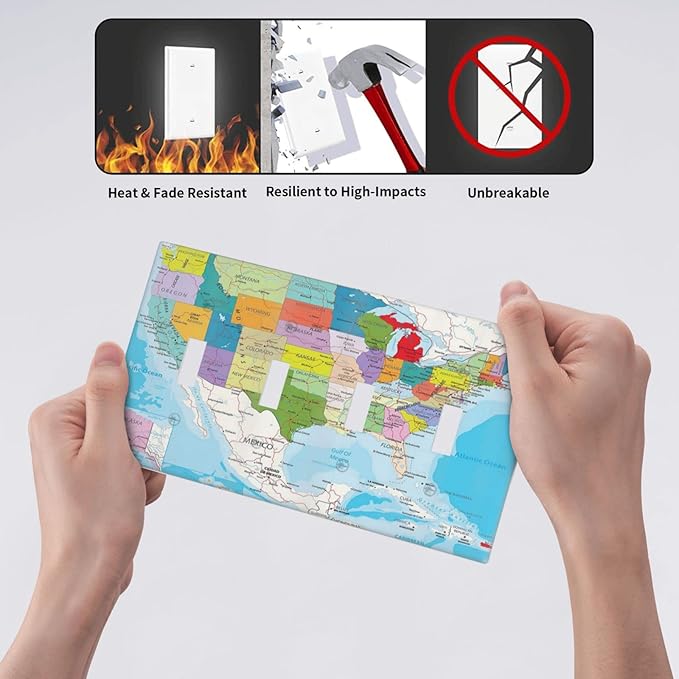 Igneinf USA Map 4 Gang Light Switch Cover Decorative Quad Toggle Wall Plate Decorative Electrical Faceplate for Kitchen Home Barn Farmhouse Decorate Large 8" x 4.5
