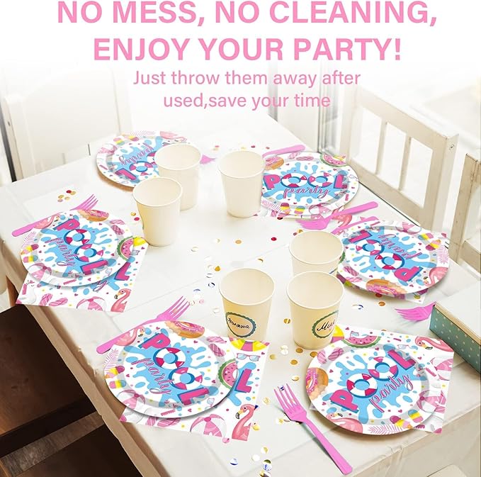 Qyeahkj 100 Pcs Swimming Pool Party Plates and Napkins Set Summer Pool Party Decorations Supplies Pool Disposable Paper Tableware Dinnerware Party Favors Birthday Shower Serves 25