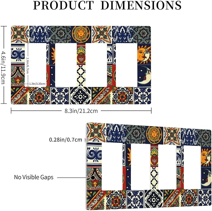 Boho Moroccan Mandala Mexican Tiles 4 Gang Quad Rocker Light Switch Cover Decorative Quadruple Device GFCI/Decorator Wall Plate Electric Faceplate Screwless