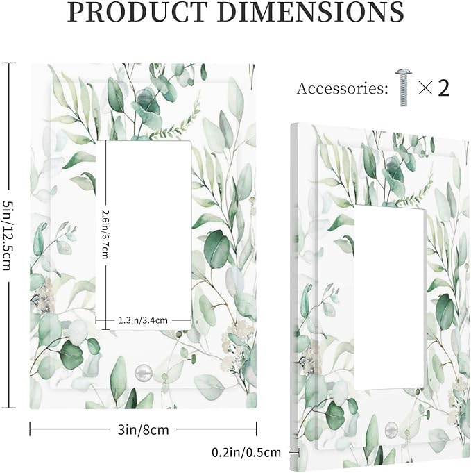 Boho Green Eucalyptus Leaf Floral Plants Flowers Decorative Outlet Covers 1 Gang Single Rocker Light Switch Cover Plate Wall Plates GFCI Faceplate for Bed Room Living Room Decor