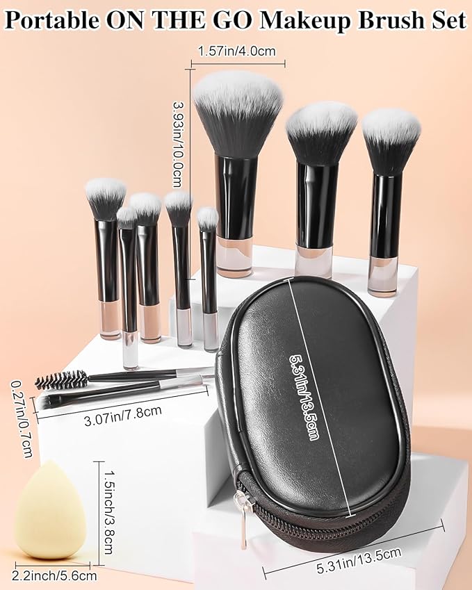 PGRODE Mini Travel Makeup Brushes Portable Set, 14 Pieces, Full Complete Function Cosmetic Kit with Brush Pouch, On the Go Short Makeup Brush Small Travel Essentials for Women, Girls (Black)
