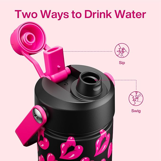 ENCOOL Valentine's Day Insulated Water Bottle with Straw Stainless Steel Water Bottle, Leak-Proof, BPA-Free, Keeps Cold for 24 Hours for Sports, Travel, School (26 oz, Kiss Love Pink x Black)