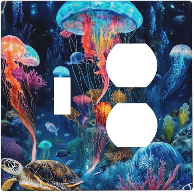 Jellyfish Sea Turtle Fantasy Ocean Coral Underwater World Wallplates 1 Toggle 1 Duplex Switch Plate Electrical GFCI Faceplate Decorative Light Switch Covers for Nursery Kids Room Decor