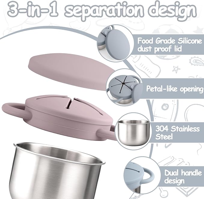 Mity rain Stainless Steel Snack Containers for Toddlers with Spill-Proof Silicone Lids Handles - 3-in-1 Baby Snack Cups, No-Spill Toddler Snack Box (Grey+Grey Purple, Two piece set)