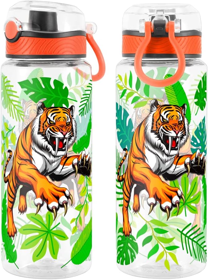 Home Tune Cute Water Bottle for School Kids Girls, BPA FREE Tritan & Leak Proof & Easy Clean & Carry Handle, 23oz/ 680ml - Tiger