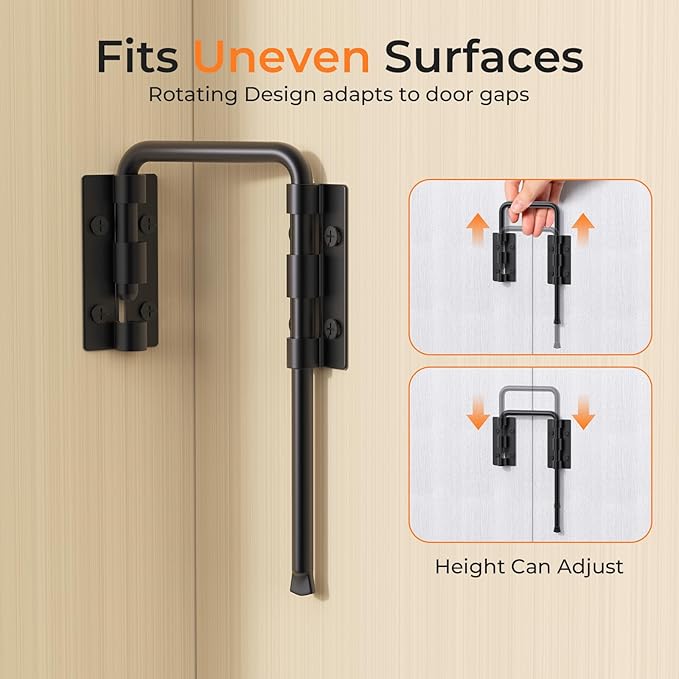 Patio Sliding Door Loop Lock, U-Shaped Rotating Latch, 90° / 180° Adjustable Door Lock for Uneven Surfaces, Child & Pet Safety Lock for Sliding Doors, Windows & Gates, (Black 2 Pack)