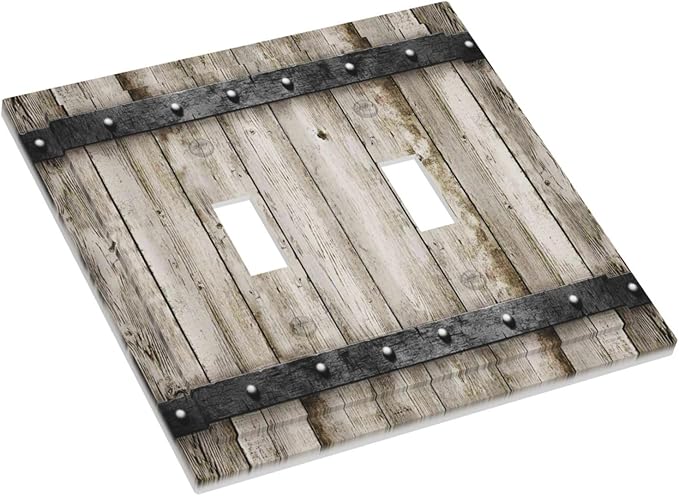 Rustic Vintage Brown Wood Plank 2 Gang Double Toggle Outlet Light Switch Cover Wall Plate Electrical Faceplate Decorative Dual Device Switchplate