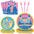 96Pcs Cartoon Girls 1st Birthday Plates and Napkins English Teacher One Year Old Decor Pink Blue Paper Dessert Cake Plates Teacher Party Tableware Set for Girls First Birthday Supply 24 Guests