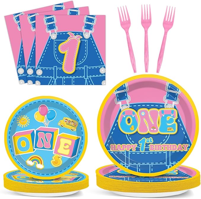 96Pcs Cartoon Girls 1st Birthday Plates and Napkins English Teacher One Year Old Decor Pink Blue Paper Dessert Cake Plates Teacher Party Tableware Set for Girls First Birthday Supply 24 Guests