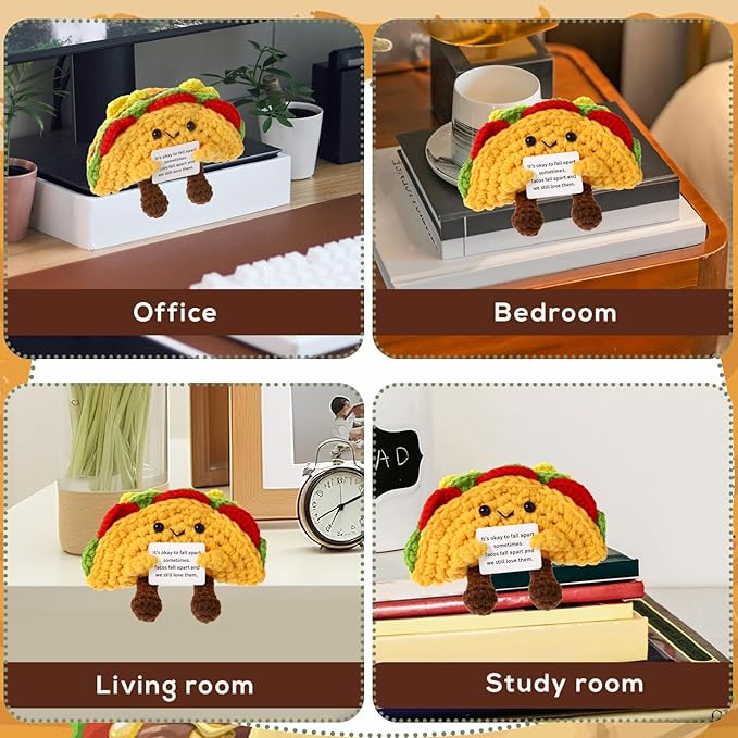 TOYMIS Funny Positive Life Taco, 5.12x4.33 Inch Emotional Positive Support Taco Inspirational Crochet Taco with Encouragement Card Knitted Taco Doll Positive Gift for Friends Home Decoration