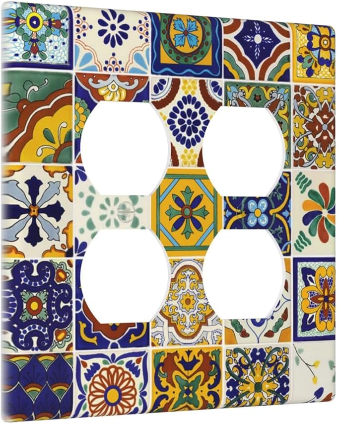 Yellow Mexican Moroccan Sun Tile 2 Gang Double Duplex Combo Outlet Light Switch Cover Two Gang Dual Device Receptacle Outlet Covers Wall Plate Standard Size