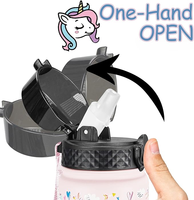 GOPPUS Kids Water Bottle (Straw Lid) - 14 Oz Stainless Steel Travel Bottle, Double Wall Vacuum Leak Proof Kids Cup for School Boys Girls,Unicorn Fields