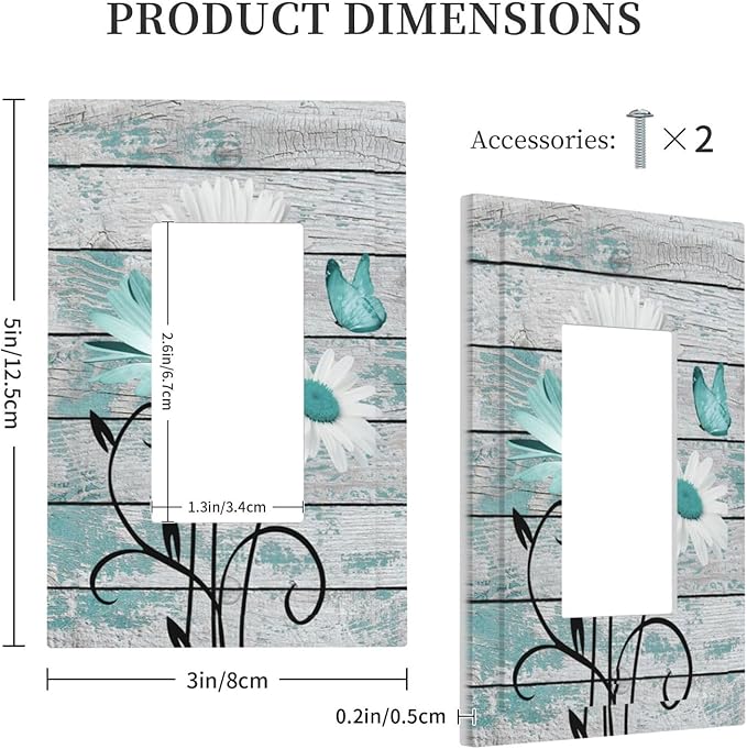 Teal White Daisy Flower Butterfly On Rustic Wood Board Decorative Outlet Covers 1 Gang Single Rocker Light Switch Cover Plate Wall Plates GFCI Faceplate for Farmhouse Bedroom Decor