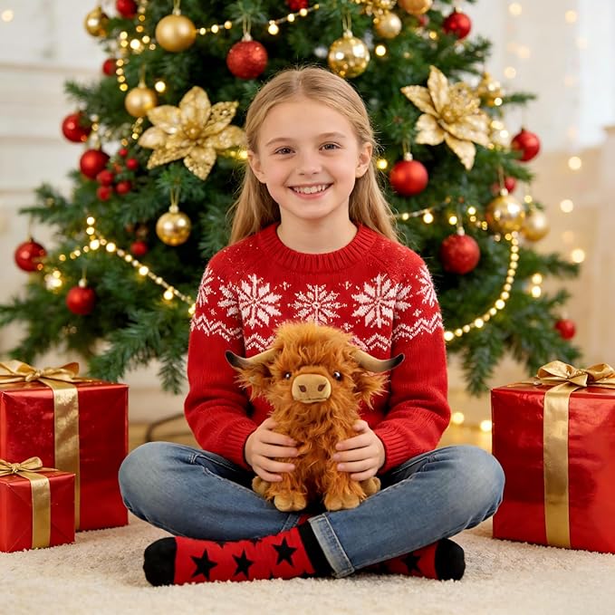 OROZCOR Highland Cow Stuffed Animal, Cute Fluffy Cow Plush Figure Toys,Realistic Farm Highland Cattle Plush Decor Gifts for Kids Baby Girls Boys (Brown Highland Cow)