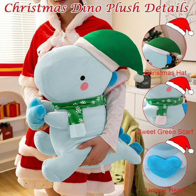 SQEQE Dinosaur Plush Pillow, Cute Loving Stuffed Dinosaur with Heart, Christmas Stuffed Animal Plush Toys Gift for Her Girls Kids (Blue, 20 Inch)
