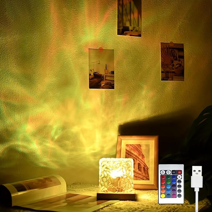 YXQUA Northern Lights Ocean Wave Projector Light, Galaxy Light Projector, 16 Colors Gradual Rotating Flame Water Ripple Ambient Night Light Non-Wood for Bedroom, Room Decor, Kids Room (Charge)