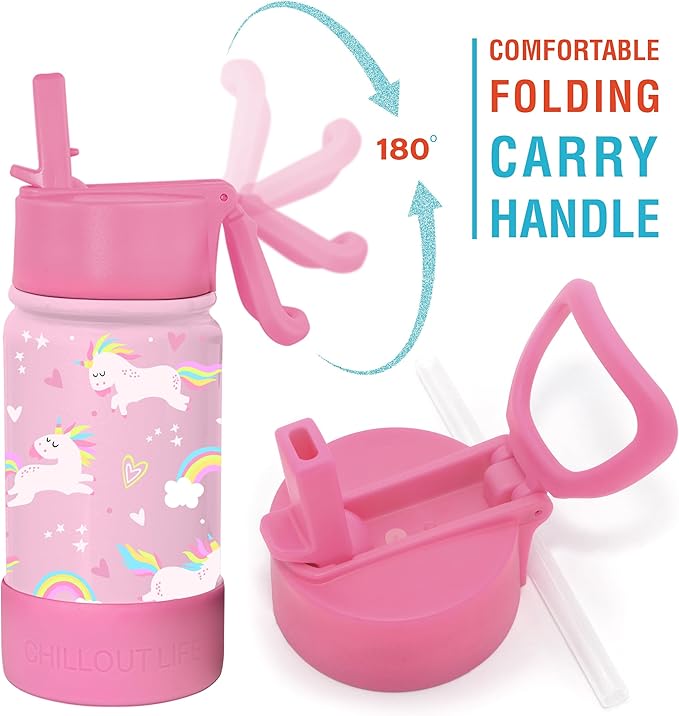 CHILLOUT LIFE 12 oz Kids Insulated Water Bottle for School with Straw Lid Leakproof and Cute Waterproof Stickers, Personalized Stainless Steel Thermos Flask Metal Water Bottle, Pink Unicorn