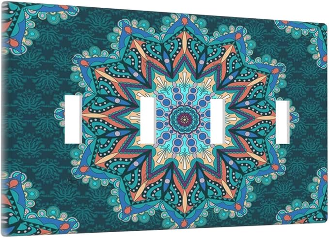 Light Switch Cover Boho Hippie Colorful Mandala 4 Gang Switch Plate Quad Toggle Wall Plates Decorative Switchplate Electrical Outlet Cover Plates for Bathroom Home Decor