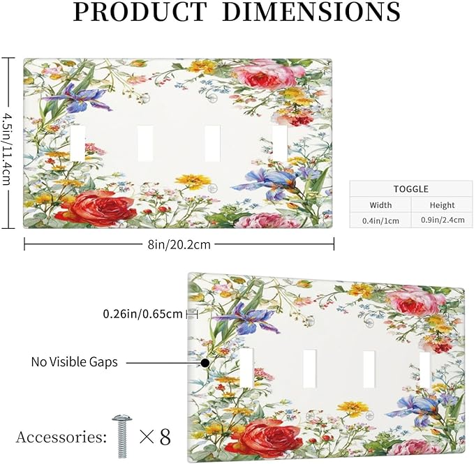 Decorative Light Switch Cover Plate Rustic Red Flower Garden Floral 4 Gang Wall Plates for Electrical Outlets Quad Toggle Switch Plate Covers Outlet Covers Faceplate for Country Home Decor