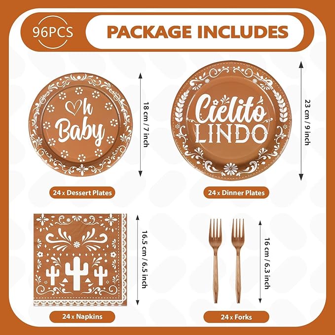 Grencian 96 Pcs Cielito Lindo Baby Shower Decorations Brown Mexican Theme Plates and Napkins Tableware Sets Cielito Lindo Decorations for Cinco de Mayo Boys Girls Baby Shower Party Serves 24