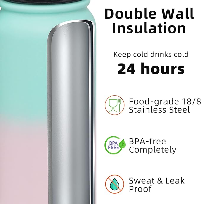 Fanhaw 20 oz Insulated Stainless Steel Water Bottle with Straw Lid, Leakproof & Anti-Dust Sports Bottle for Kids, Women & Men (Green Pink)