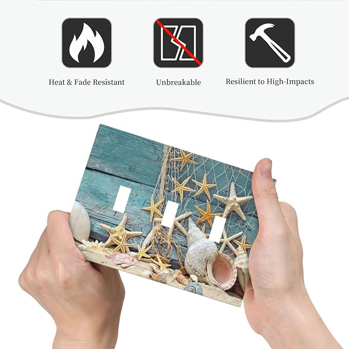Nautical Beach Starfish Teal Wood 3 Gang Light Switch Plate Decorative Triple Toggle Wall Plate Cover Electrical Faceplate for Bathroom Home Living Room Decorate