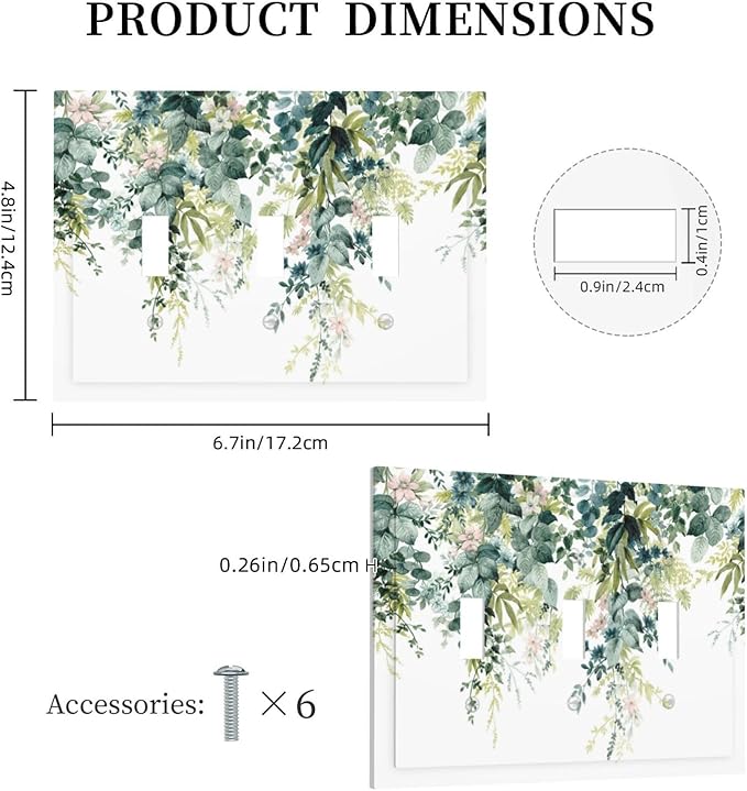 Colorful Plant Flower Sage Eucalyptus Leaves Decorative Switch Plates 3 Gang Wall Plate Triple Toggle Light Switch Cover Faceplate Electrical Wall Panels for Bedroom Living Room Decor