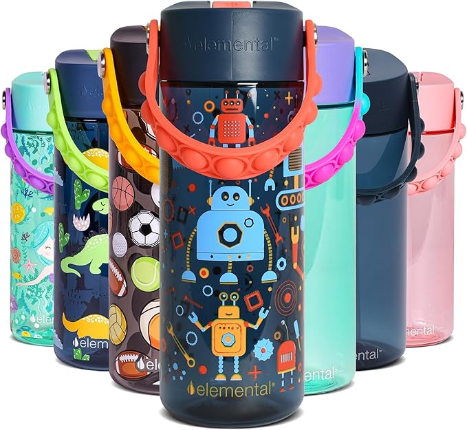 Elemental Water Bottles for Kids - Splash Kids Water Bottle for School with Pop-it Handle - BPA Free Tritan Plastic Water Bottle with Straw Leak Proof when Spout is Closed - Blue Robot - 18oz