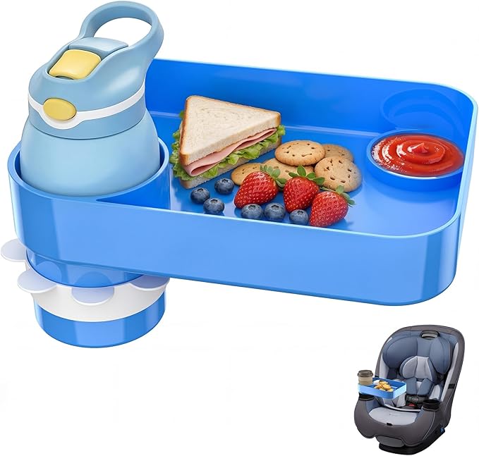 Kids Car Seat Tray, Travel Tray with Cup Holder for Toddler Baby, Kids Car Seat Food Snack Organizer for Road Trip, Stroller Snack Organizer Travel Must Haves Toddler Must Haves (Sky Blue, 1 Pack)