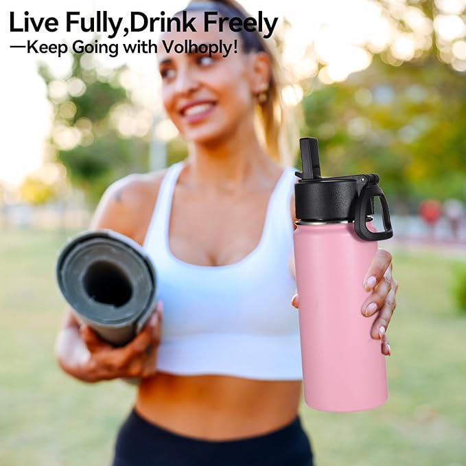 Volhoply 16 OZ Kids Water Bottle Bulk 8 Pack,Insulated Sports Bottles with Straw Lid,Stainless Steel Bottle with Handle Keep Cold & Hot,Double Wall Vacuum Tumbler Cups for School,Girls(Pink, 8)