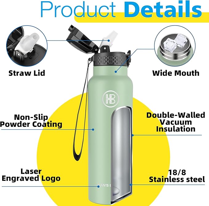 Han's Bottle Sports Water Bottle - 24 Oz, Straw Lid, Leak Proof, Vacuum Insulated Stainless Steel, Double Walled, Thermo Mug,Pine Green