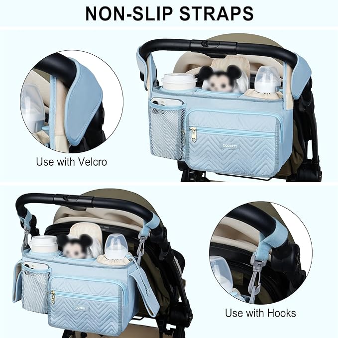 Universal Stroller Organizer with Insulated Cup Holders,Large Capacity Non-Slip Stroller Caddy Bag Fits for Uppababy/Doona/Jogger/Britax/Mompush/BoB with Anti-Sag Hard Bottom and Wet Wipes Pocket