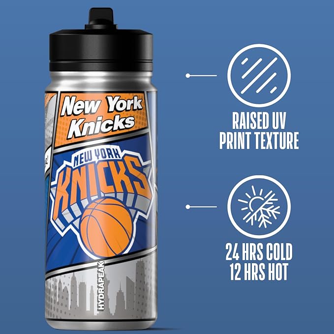 Hydrapeak x NBA New York Knicks 20 oz Stainless Steel Water Bottle, Officially Licensed Double Wall Insulated Sports Bottle with Straw Lid, Reusable Leakproof Gift for Kids & Adults