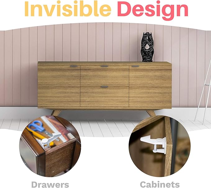 Inaya Cabinet Locks Baby Proofing (Standard Length) - Child Proof Drawer Locks - Child Safety Cabinet Latches with 3M Adhesive Easy Installation - No Drilling or Extra Screws (8 Pack)