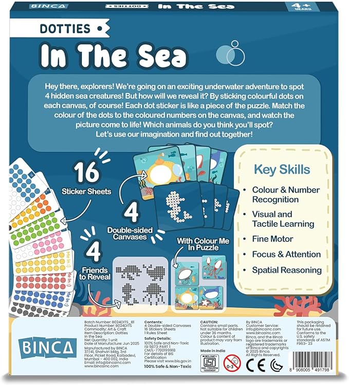 BINCA Dotties Dot Art Activity Kit, 750+ Stickers, Underwater Animals Mess-Free Activities, DIY Dot Sticker Art, Kids Travel Activities, Gifts for Boys & Girls Ages 4,5,6