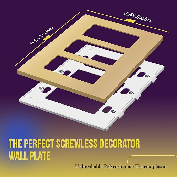 ENERLITES Elite Series Screwless Decorator Wall Plate Child Safe Outlet Cover, Gloss Finish, Size 3-Gang 4.68" H x 6.53" L, Unbreakable Polycarbonate Thermoplastic, SI8833-GD, Gold