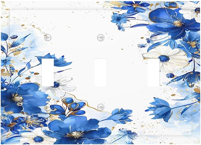 Klein Blue Flowers Watercolor Golden White Floral Decorative Switch Plates 3 Gang Wall Plate Triple Toggle Light Switch Cover Faceplate Electrical Wall Panels for Bedroom Living Room Decor