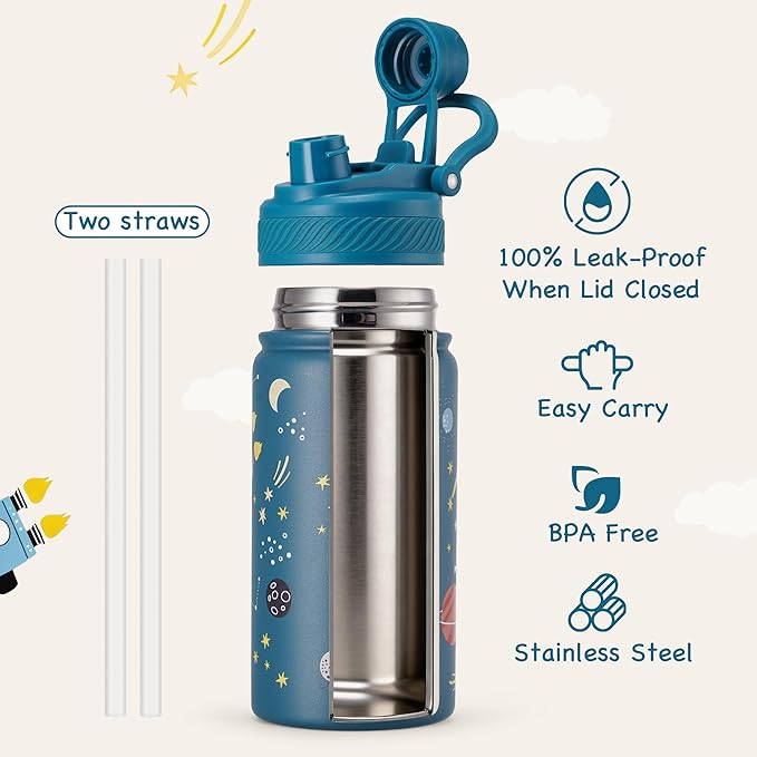 Fijinhom 12 oz Kids Water Bottle, 2-in-1 Stainless Steel Vacuum Insulated Water Bottle for Toddler, Leak Proof Spout & Straw, Double Wall Thermal Flask for Boys&Girls, School, Outdoor, Travel (Planet)