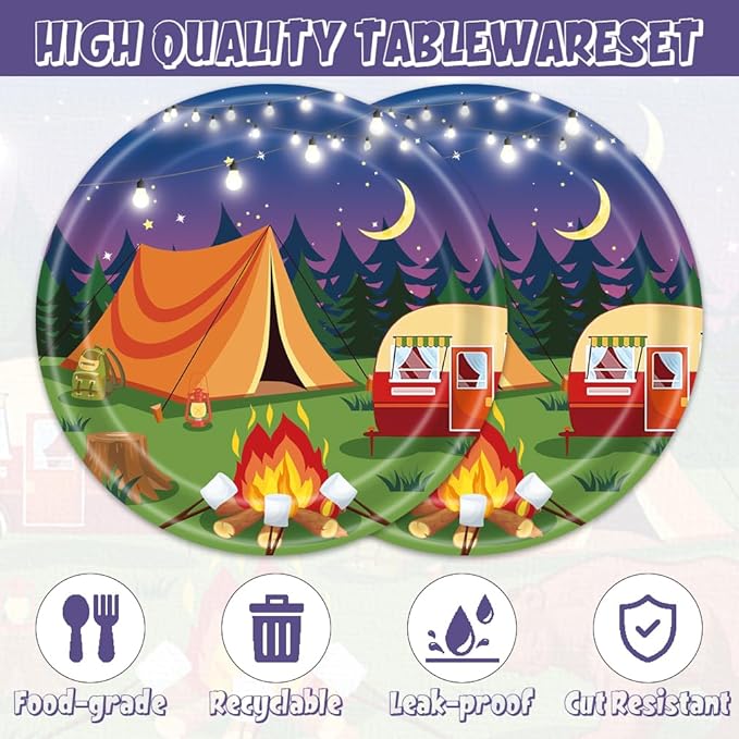 40pcs Camping Party Supplies Campfire Hiking Camper Theme Birthday Paper Plates and Napkins Set for Boys Kids Campfire Barbecue Birthday Party