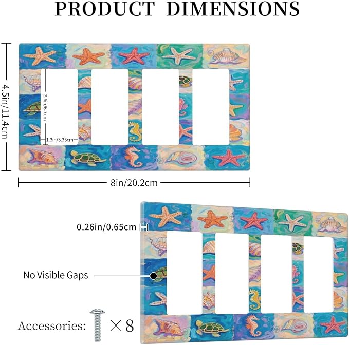 Sea Turtle Starfish Ocean Quad Rocker Wall Plate Decorative 4 Gang Light Switch Covers Electrical Switchplate Home Decorate Faceplat for Bathroom Bedroom Kitchen Room 4.5 x 8 Inch