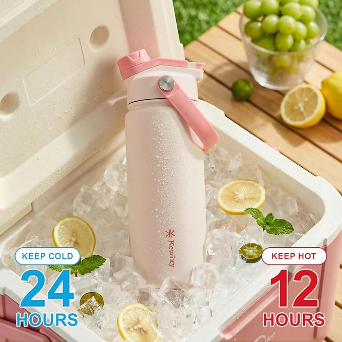 KEWIXY 18 oz Insulated Water Bottle with Straw, 2-in-1 Lid, Straw & Spout, Leak Proof, Cup Holder Fit, Stainless Steel with Handle, Reusable, Metal, for Travel, Gym and School (Pale Pink)