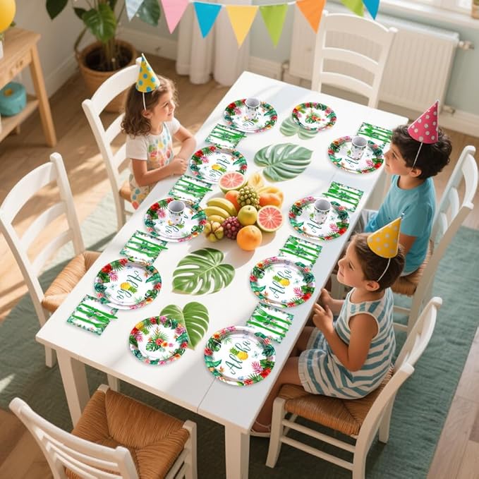 AIBIIN 192 PCS Hawaiian Luau Party Decorations Tropical Paper Plates Cups and Napkins Sets Tropical Party Supplies Disposable Tableware Set with Plates Forks Straws Serves 24 Guests