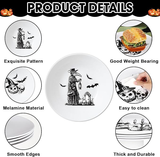 4 Set 10 Inch Halloween Gothic Plates Melamine Halloween Dinnerware Set Reusable Skull Candle Bat Tombstone Crow Melamine Plate Dishwasher for Toddlers Creatively Drop Resistant Cute Plastic Dish