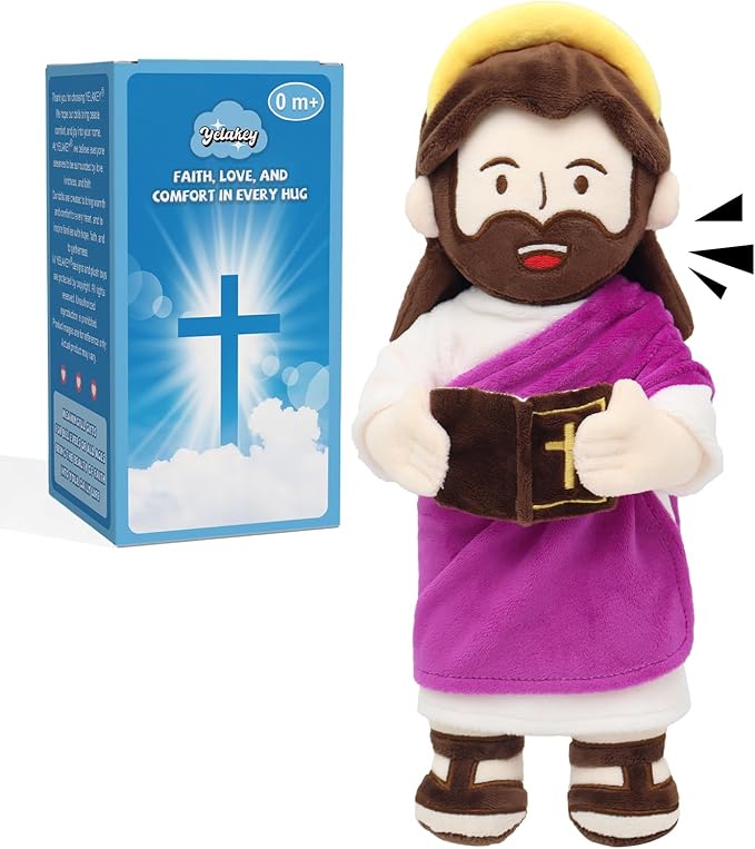 Yelakey Jesus Plush Talking Doll with Halo,Speak 20 Bible Verses & 20 Songs,13.4" Interactive Hymn Stuffed Plushie Perfect Religious Gift for Kids Sunday School & Easter Celebrations(Purple)