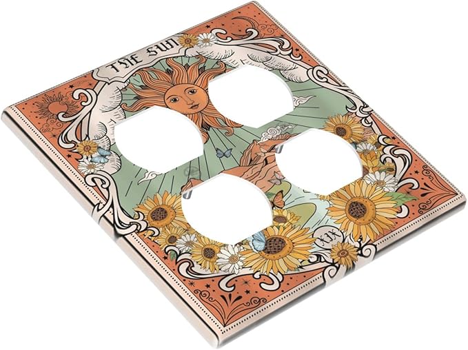 Boho Retro Sun Sunflower Vintage Flower Butterfly Outlet Covers 2 Gang Double Duplex Decorative Light Switch Covers Electrical Wallplates Socket Faceplate for Farmhouse Home Decor